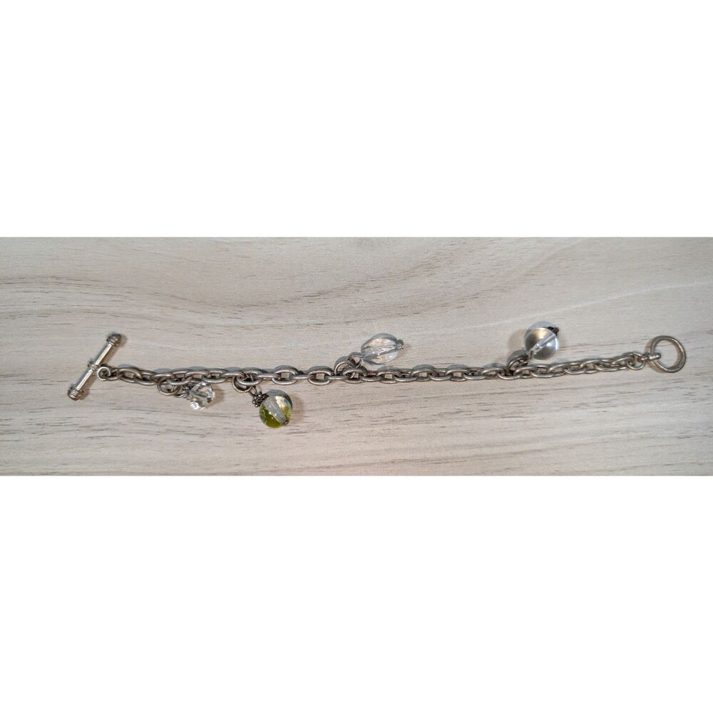 Silver Tone Charm Bracelet Glass Beads Toggle Clasp Dangle Pre-Owned